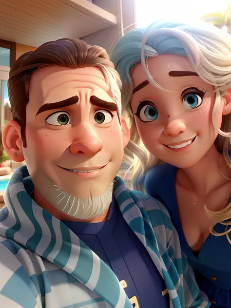 Closet up de Casal lindo na piscina qualidade alta, mulher de olhos azuis e cabelos ruivos, homem de cabelo curto, estilo pixar