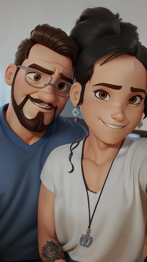 Casal (homem branco barbudo nariz fino de ooculos e mulher morena cabelo preto estilo Disney Pixar, alta qualidade, melhor qualidade