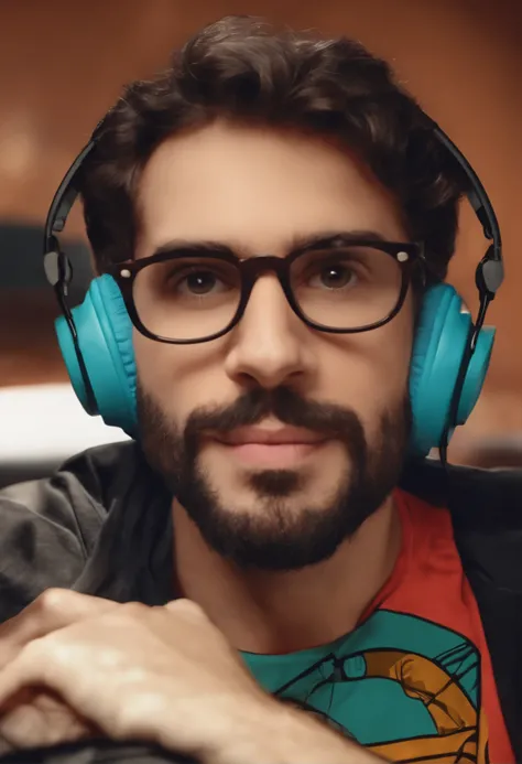 um homem, em breve, barba curta, olhos castanhos, com fones de ouvido, A music studio in the background, Imagem no estilo Pixar, Estilo de filme animado 3D, Disney, camiseta preta