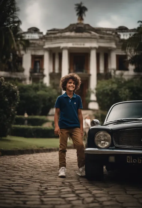 um menino de 12 anos de idade ,em cima de uma moto de luxo, With curly curly hair in front of a mansion with several cars of Luzona mansion garage ,With the happy expression