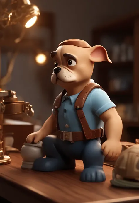 personagem dos desenhos animados de um homem com cabelo raspado, barba curta, com camisa preta, Holding an engineers helmet and on the other side with his caramel French bulldog, animation character, Caractere estilizado, animation style rendering, 3D esti...