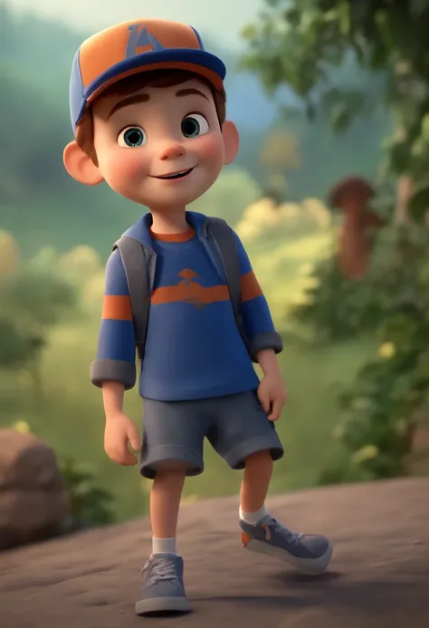 A happy cute boy standing short hair with dark blue cap , vestindo uma camisa azul , , fundo branco, barnet, Tom, Estilo Pixar, ......3d, desenhos animados, rosto detalhado, asymmetrical 16k