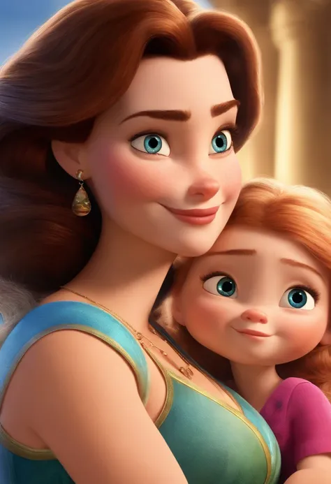 a Disney Pixar movie poster showing white-skinned mother and daughter. The mother has blue eyes and cllaro hair, ondulados,  na altura dos ombros . A menina tem 2 anos e cabelos claro, um pouco curto.  3D-rendering