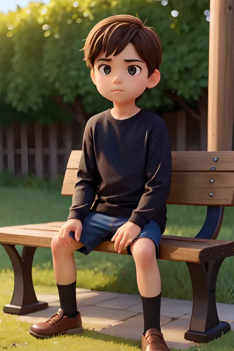 A imagem mostra um menino sentado em um banco de madeira, which is located near a fence. The boy is wearing a black shirt and appears to be looking at the camera. The bench is positioned in the middle of the scene, com a cerca estendendo-se para os lados e...