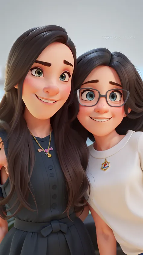 Uma mulher de cabelo longo, e uma mulher de cabelo cacheado, estilo Pixar, alta qualidade, melhor qualidade