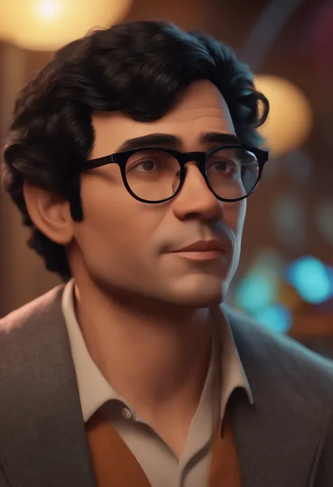 43 years old man with black hair in glasses, estilo Pixar