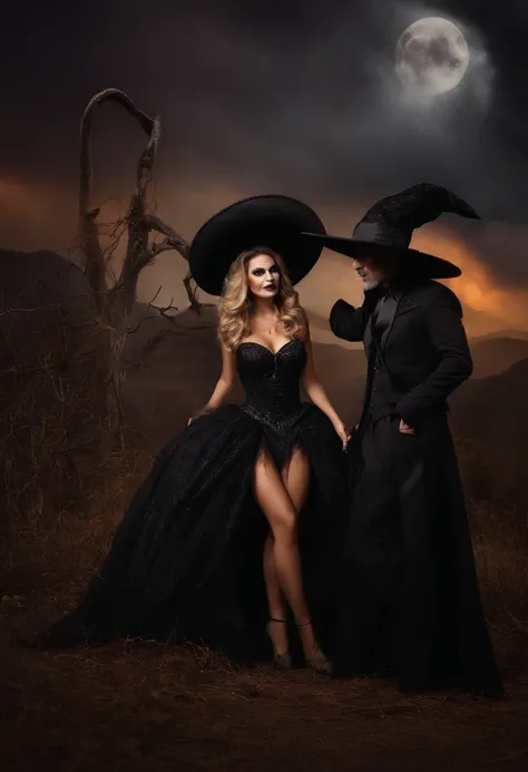 there is a man and a woman posing for a picture, Em um estilo de Halloween, halloween celebration, dia das bruxas, usando um vestido extravagante, wearing a witchs hat, em um vestido extravagante, Travessuras ou gostosuras, spooky halloween fun, com olhos ...