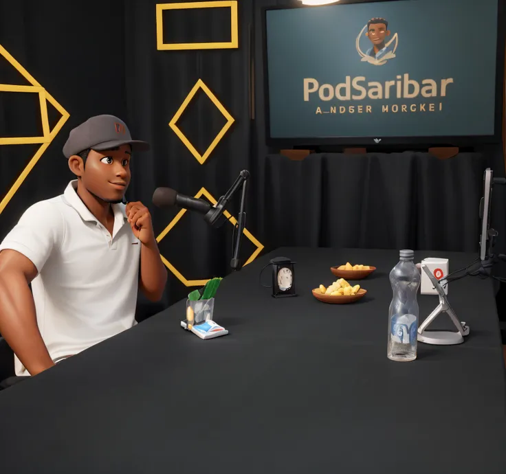 dark-skinned young man, 35 years old, dark skinned, wearing a straight-brimmed cap, a thin beard, light-colored clothes, presenting a postcast on YouTube.