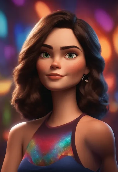 filme Marketing 2023 estilo filmes Pixar, Com nome "N - Marketing", poster, With short, lighter brunette hair and a black t-shirt in front of her crossed arms.