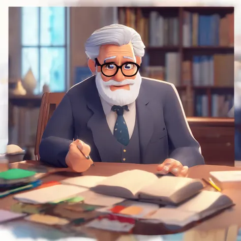 Crie um cartaz inspirado na Disney Pixar com o personagem sendo o pastor Rubens Janier, A gray-haired man wearing glasses, in an office with a Bible on the table