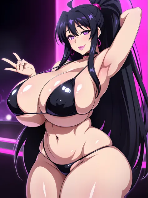 Akeno Himejima, 1girl, (((bimbo))), long black hair, purple eyes, ear rings, erotic smile face, (((bimbo))), puffy lips, painted lips, thick lips, wide hips, thick thighs, huge round ass, enormous natural breasts, shiny oily breasts, black bikini, hand sig...