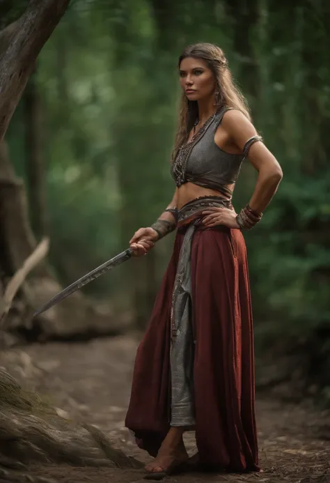 dynamic view angle, full body, incredibly tall slender fit female katana warrior with long legs, thick lined tribal tattoos, long tribal hip scarf, wide robe, wide hood, sleek shoulder pads, silver, jungle ruins, high renaissance epic fantasy