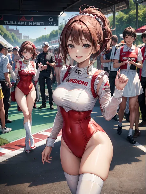 top-quality、Full limbs、complete fingers、1girl、((one beautiful women、独奏))、Beautiful Large Breasts、Medium hair、poneyTail、Race Queen Costume、Woman in red and white leotard with logo、Red arm cover、Tricolor parasol、Woman in long white boots、((F1 Circuit、Formula...