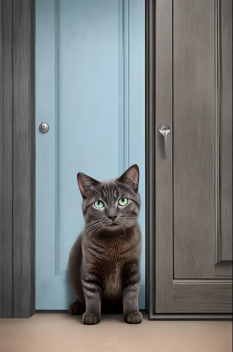 Pixar style art with a brindle gray cat in front of a door