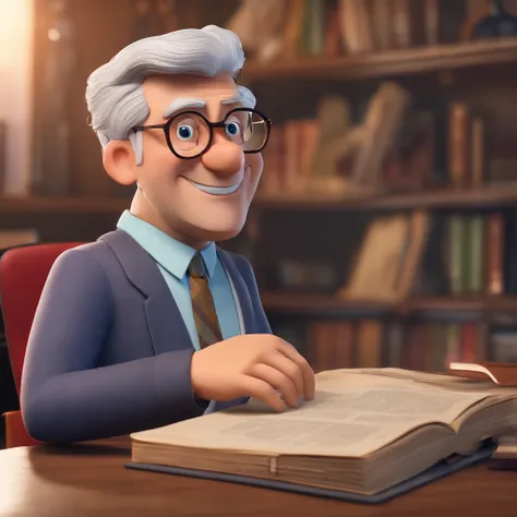 Crie um cartaz inspirado na Disney Pixar com o personagem sendo o pastor Rubens Janier, A gray-haired man wearing glasses, in an office with a Bible on the table, Looking forward and serious