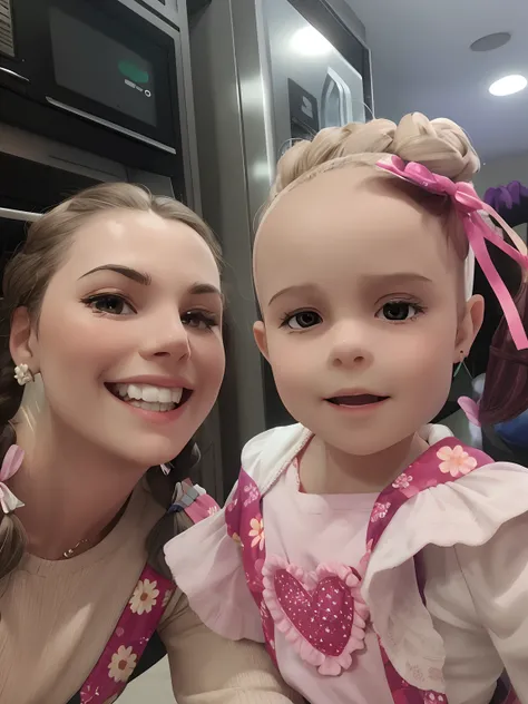 "Mom smiling next to her daughter. Mom Spotted Wearing Earrings, braids and bows at the end of the braids. Filha com 1 ano e meio, floral dress with heart on the front. The daughter is almost bald, Got a bow on his head. Render in high-resolution 3D.