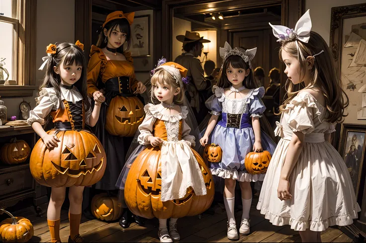 A group of kids getting ready for Halloween costume party, highly detailed, realistic costumes, some plastic Halloween pumpinks, whimsical.