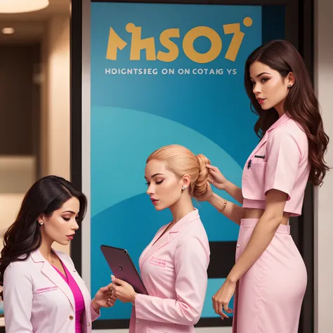 3D poster inspired by Pixar/Disney capturing a scene of a 30-year-old woman with long dark brown hair on her butt and honey-colored hair tips, light skin, honey eyes, nose ring piercing on the right side, pink cropped outfit, pink dress pants, and a white ...