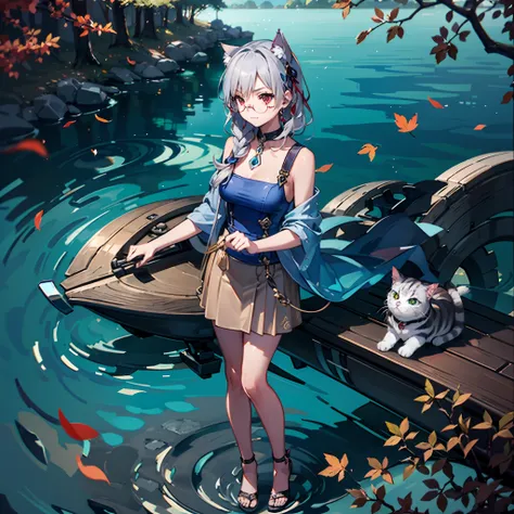 Precision painting、Super delicate、Top image quality、Cheshire Cat、Metallic Chopper、long、Long hair、Animal ears、Cat Ear Original、((1girl in))、landscapes、The scene、Red tree、the woods、lake、autumnal、Longer dress、((eye glass))、The upper part of the body、a closeup