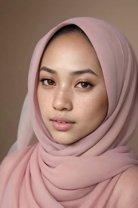 a photo portrait of a beautiful malay girl with hijab and few freckles, (plain pastel pink hijab), (face portrait:1.3), dramatic light , Rembrandt lighting scheme, (hyperrealism:1.2), (8K UHD:1.2), (photorealistic:1.2), shot with Canon EOS 5D Mark IV, deta...