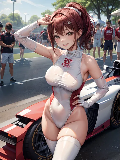 top-quality、Full limbs、complete fingers、1girl、((one beautiful women、独奏))、Beautiful Large Breasts、Medium hair、poneyTail、Race Queen Costume、Woman in red and white leotard with logo、Red arm cover、Tricolor parasol、Woman in long white boots、((F1 Circuit、Formula...