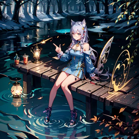 Precision painting、Super delicate、Top image quality、Cheshire Cat、Metallic Chopper、long、Long hair、Animal ears、Cat Ear Original、((1girl in))、landscapes、The scene、Red tree、the woods、lake、autumnal、Longer dress、((eye glass))、The upper part of the body、Write