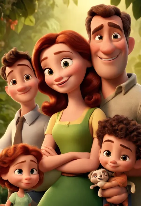 a Disney Pixar movie poster showing a white-skinned family. The father is the tallest, Tem barba curta, loiro, cabelos curtos e espinhosos. The mother has brown eyes and hair, shoulder-length and is slightly overweight. A menina tem 4 anos e cabelos castan...