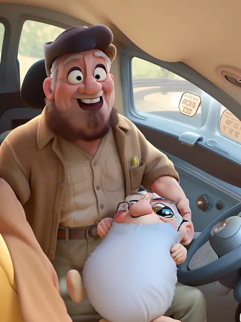 Turn the grandfather and grandson in the photo into a Disney Pixar-style poster