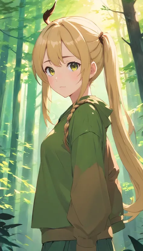 young girl, amber eyes, brown and dark green clothes, long blonde hair with pigtails, big chest, brave, shy, deer, forest, cute