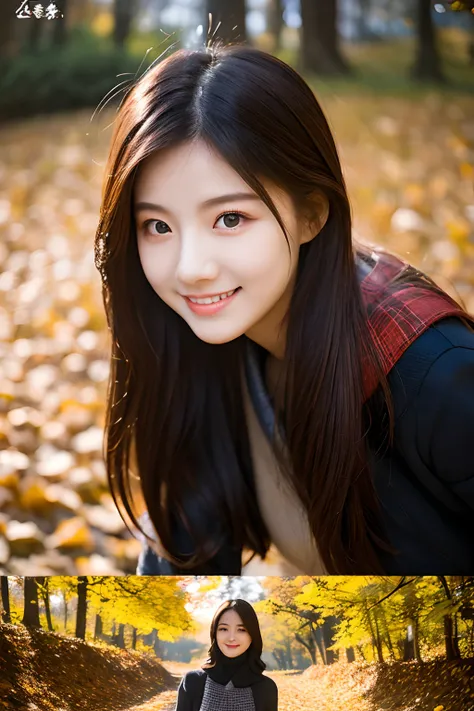 超High resolution A、ultra-definition、8K、detailed details、Amazing Representation、1 woman、22 years old woman、tall and slender physique,、Neat and clean smile、
Looking at the autumn leaves、Late Autumn Valley、Beautiful foliage、Angry mooring、A small waterfall,