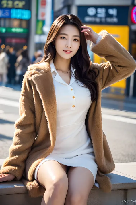 A Korean woman looks at me lovingly on the street at Gwanggari Beach in Busan and waves her hand in front of the road,(8K, Raw-Photo, best qualtiy, tmasterpiece:1.2),(realisticlying, photograph realistic:1.4),(Highly detailed CG unity 8k wallpaper),(Round ...