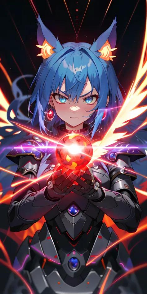 Anime Robot beutiful blue magma skin golem cat girl magic, aesthetic_eyes, detailed eyes, demon horn, mask, wings, glowing, random fantasy hair, multicolored hair, body detailed, random very angry face, detailed face, Saenyo Ancalagon Anthropomorphic majes...