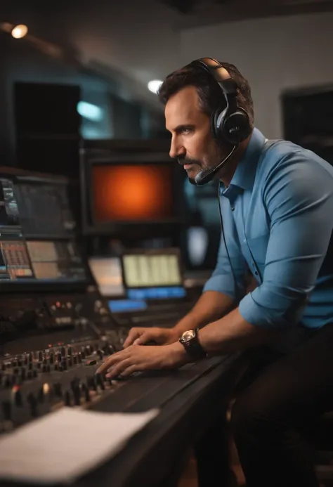 A strong young 45-year-old broadcaster working in the studio