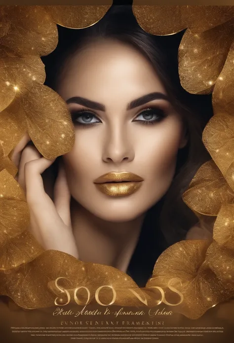 Create a promotion voucher for beauty services, tendo como imagem no fundo uma arte com caixa de presente, com cores alternando entre preto de dourado.