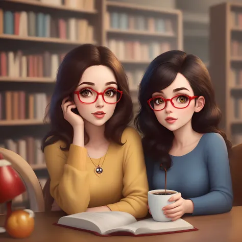 Criar um personagem estilo Pixar. 
Mulher, cabelos longos preto, olhos escuros, Wearing Red Square Glasses, gordinha, em uma biblioteca, sipping coffee