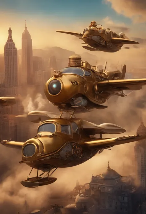 Livro ilustrado de conto de fadas，Enorme mundo steampunk，A baby flies over the city in a flying machine，Tampa de voo，traje de voo，Botas de voo，Corpo inteiro como，alta qulidade，A high resolution，tmasterpiece，super-fino，profundidade de campos