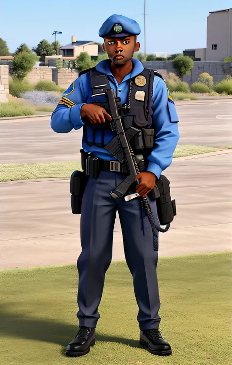 dark-skinned man, police officer, in his work uniform, wearing a military beret.