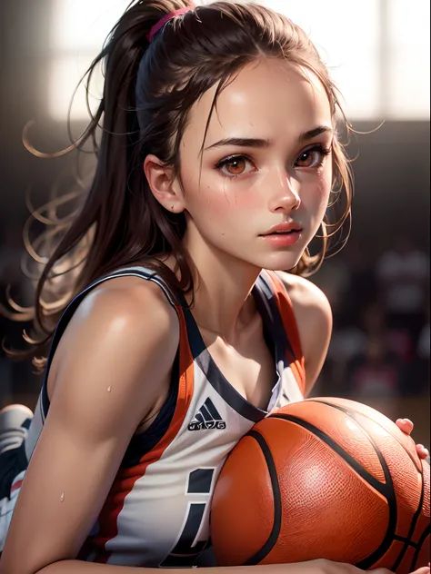 Best Quality, masutepiece,  High resolution, (Photorealistic:1.4), Raw photo, 1 beautiful girl ,Dynamic Angle,Female　Basketball player,small head, Glowing skin, Sweat,At the basketball venue,(Detailed beautiful face:1.4),detailed skins,Detailed eyes,detail...