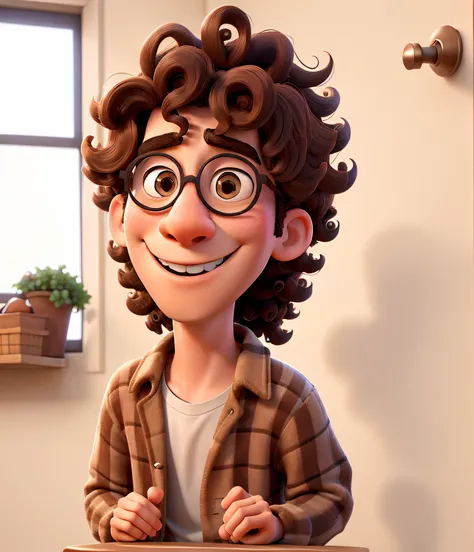 Young man with curly hair and round glasses Disney Pixar style high quality