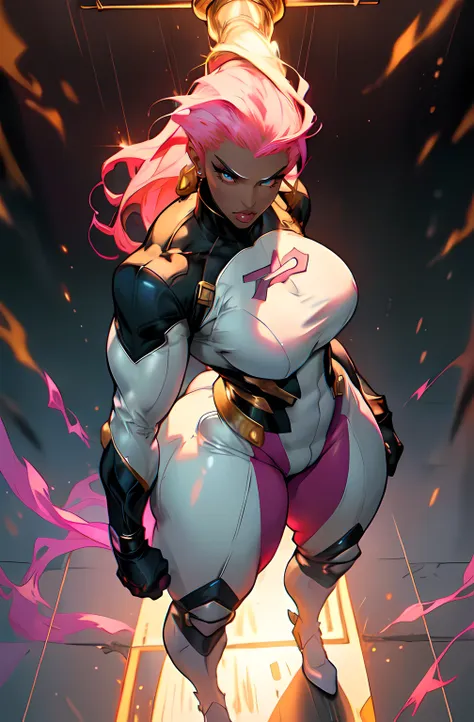 grey background, solo, 1 girl, (white and gold bodysuit), very long hair, pink hair, angry, brown eyes, earrings ((hanging breasts: 1.6)), ((thick thighs)), (full body), dark skin, storm from x-men