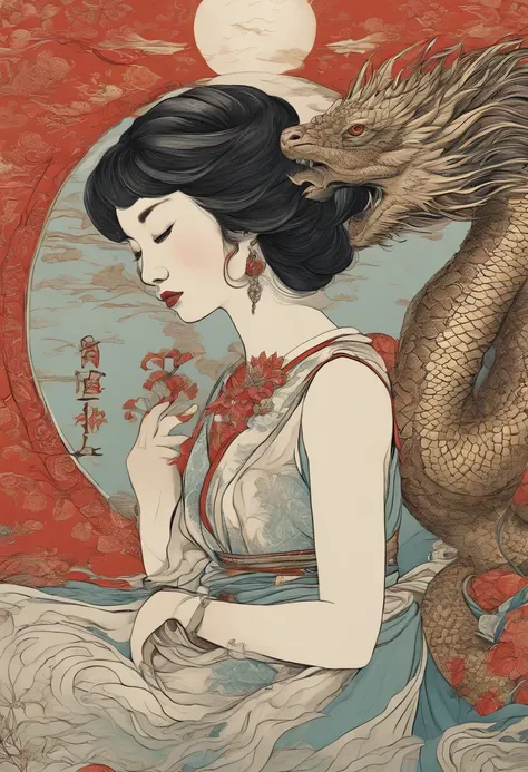 {{{{{illustration}}}}},Directed by: Yuko Shimizu,1girl,chinesedragon,Menina chinesa,foco feminino em, {{cor Tinta lavagem pintura}},{{respingos de tinta}},{{salpicos de cor}},{{{colorido}}},{{esquete}}, master part,best quality, lindamente pintado,altament...