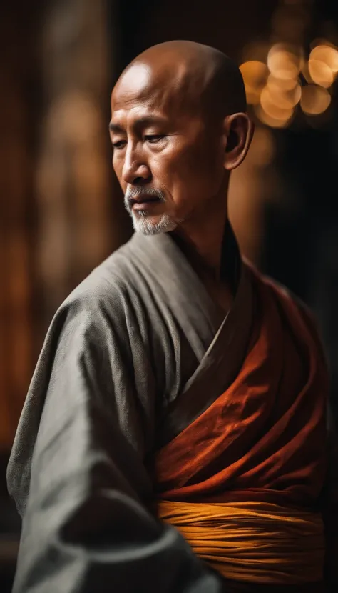 An Asian monk，Olhe para frente，Medite de pernas cruzadas, no centro，cores muito brilhantes, light particles, com luz brilhante, Mshiv, Arte do papel de parede, Papel de parede UHD