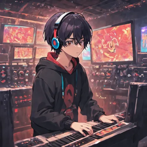 a man in a black long-sleeved shirt, pixar style, wearing a beanie, with headphones, playing on a dj machine, realistic, high quality