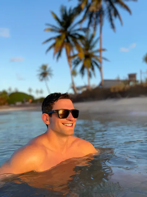 Pixarstyle A portrait of a shirtless young man with part of his body in the water in the river, smile, natural skin texture, 4K textures, HDR, intricate, highly detailed, sharp focus, cinematic look, hyper-detailed