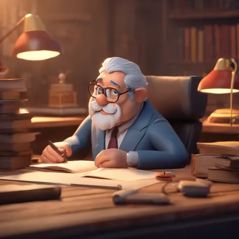 Crie um cartaz inspirado na Disney Pixar com o personagem sendo o pastor Rubens Janier, A gray-haired man wearing glasses, in an office with a Bible on the table