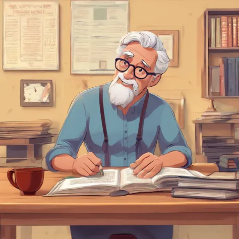 Crie um cartaz inspirado na Disney Pixar com o personagem sendo o pastor Rubens Janier, A gray-haired man wearing glasses, in an office with a Bible on the table