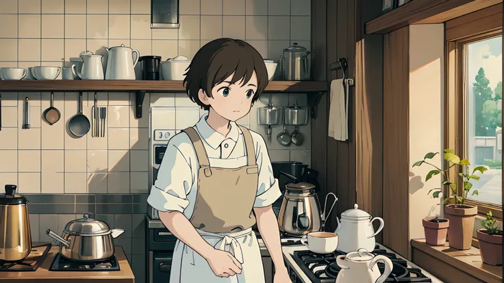 Someone wearing a white apron making a coffee in a cafe kitchen, the background is brown and beige and the pots are grey and shiny, the art style is like Studio Ghibli by Hayao Miyazaki, 4k, detailed with decoration, nice, warm and comfortable, relaxed, co...