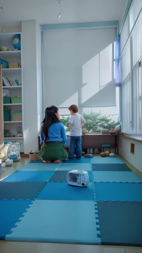 Living room with tatami mat on the floor, A child and a therapist