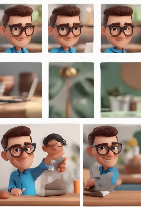 Cartoon character of a man with black glasses and a blue shirt, animation character, Caractere estilizado, animation style rendering, 3D estilizado, Arnold Maya render, 3 d render stylized, toon render keyshot, Personagem 3D, Personagem 3D, 3d rendering st...