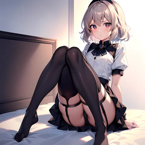 （best qualtiy，tmasterpiece：1.3）， 1girll， Garter belt on one leg， Knee pads on the other leg， perfect hand，delicated， short detailed hair， The hair is tilted to one side， Black sailor suit， Stepping socks， Red pupils， Elaborate Eyes